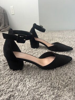 Classic Black Ankle-Strap Block Heels- Women